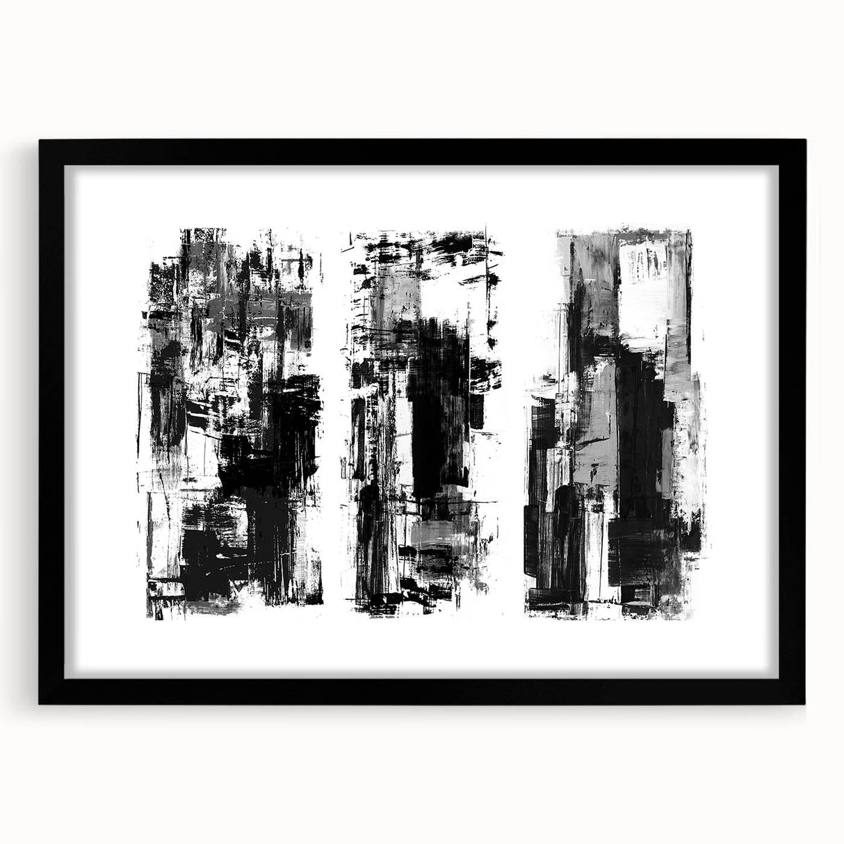 Black and white abstract wall art design in a matte black frame, showcasing unique shapes and lines, ideal for modern decor.