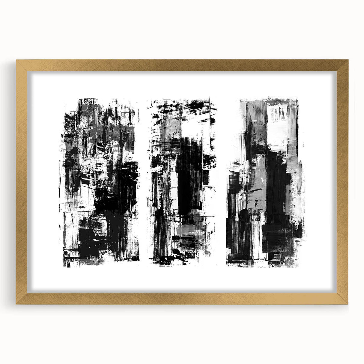 Framed black and white abstract wall art design showcasing geometric shapes and lines, accented with a gold mat for a modern touch.