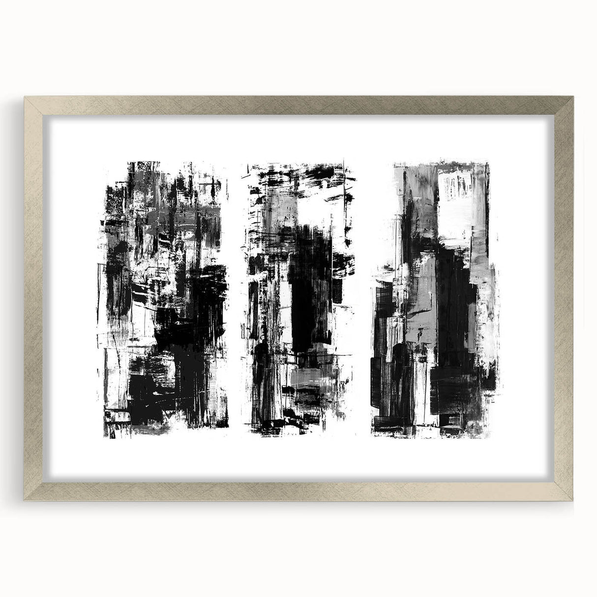 Framed black and white abstract wall art design with a silver mat, showcasing geometric patterns and a modern aesthetic, perfect for home decor.