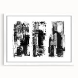 Framed black and white abstract wall art featuring dynamic geometric shapes, stylishly matted with a white border, ideal for modern decor.