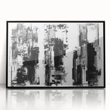 Framed black and white abstract wall art design showcasing dynamic geometric shapes and textures, perfect for modern home decor.