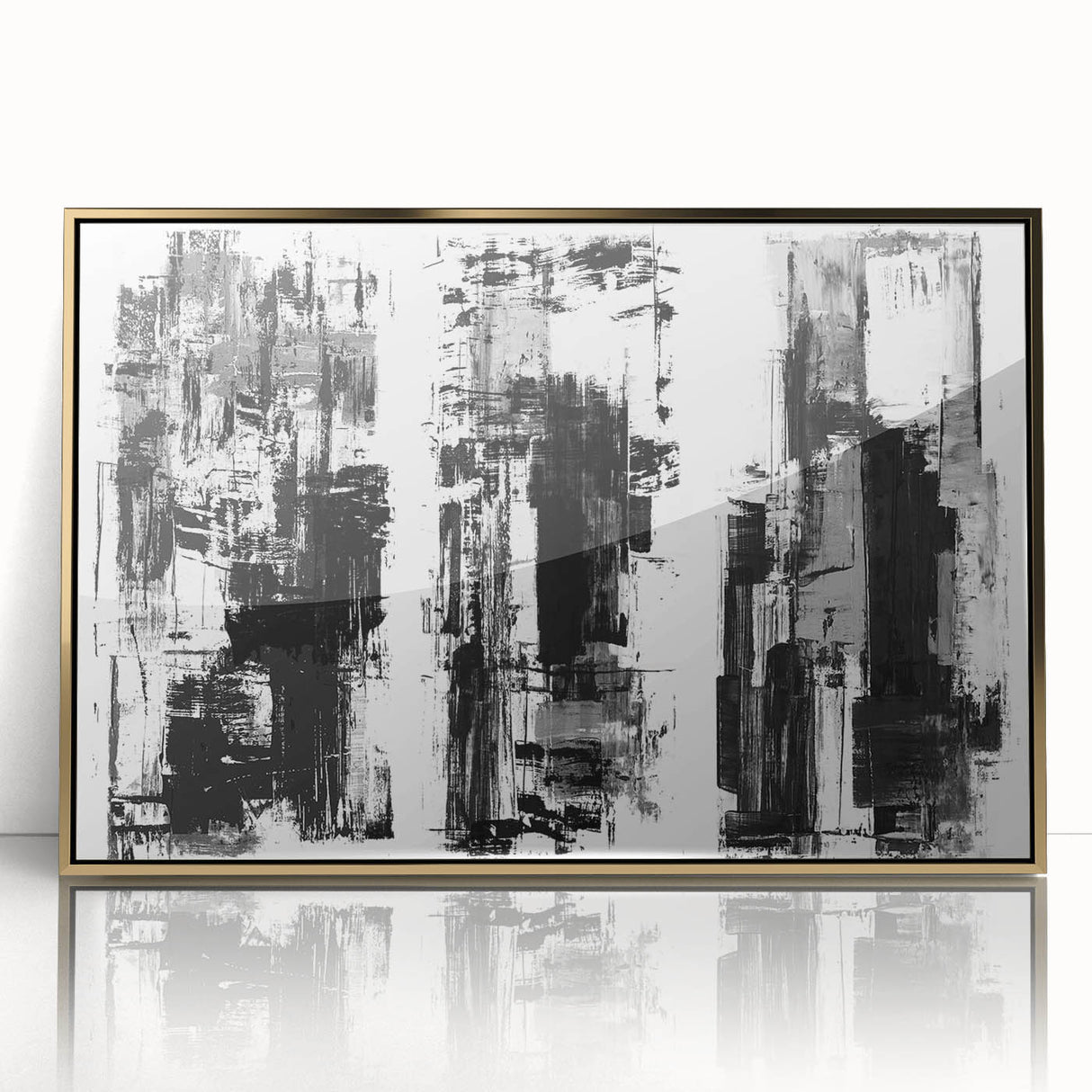Framed black and white abstract wall art design with gold accents, showcasing dynamic shapes and modern elegance for contemporary decor.