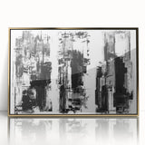Framed black and white abstract wall art design with gold accents, showcasing dynamic shapes and modern elegance for contemporary decor.