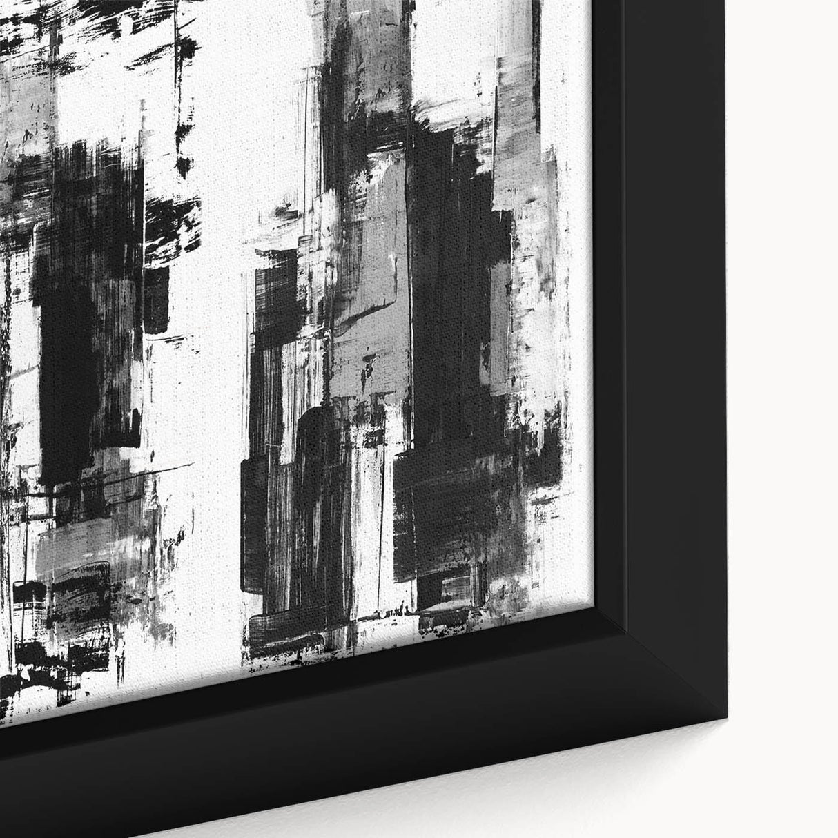 Close-up of a black and white abstract design framed canvas wall art, showcasing intricate patterns and textures perfect for modern decor.