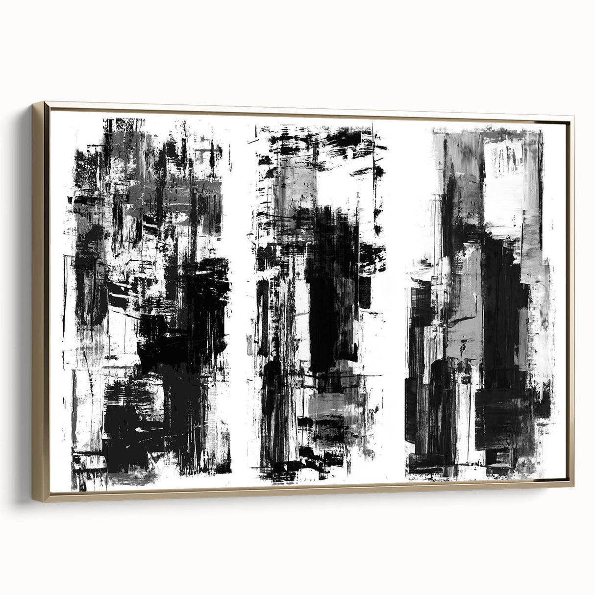 Framed black and white abstract wall art featuring geometric shapes and bold lines, accented with a gold frame, ideal for modern decor.