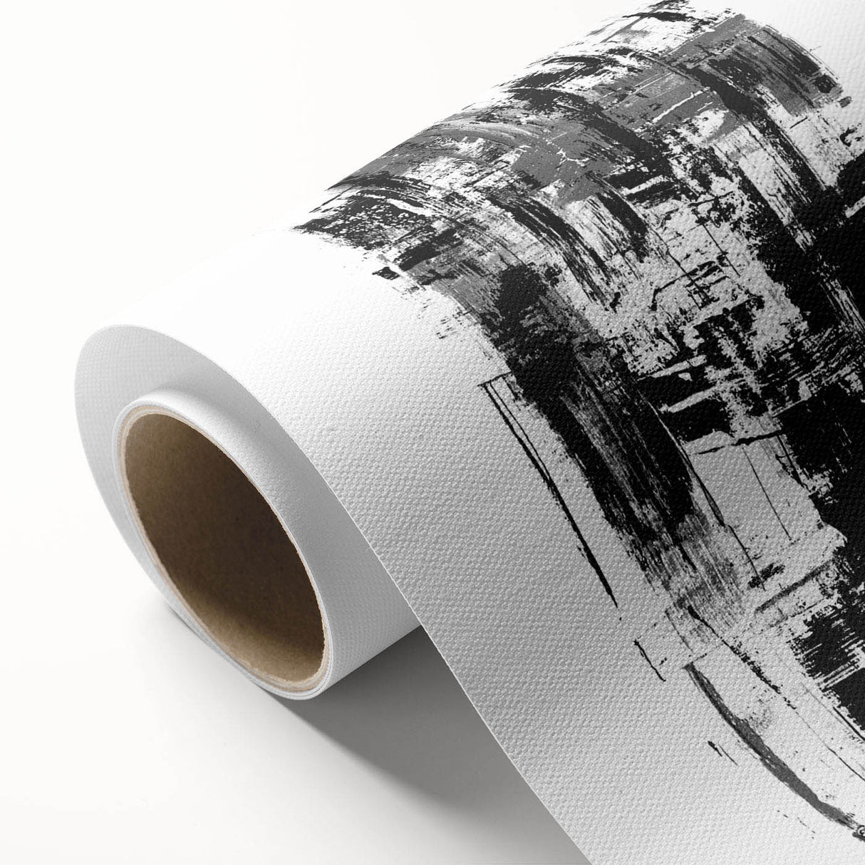 Black and white abstract wall art design on rolled canvas, showcasing fluid shapes and dynamic patterns, ideal for modern home décor.