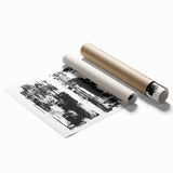 Abstract black and white wall art print showcasing intricate geometric patterns and shapes, ideal for modern home decor or gallery display.