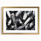 Framed black and white abstract wall art design featuring geometric patterns and a gold mat, perfect for modern home decor accents.