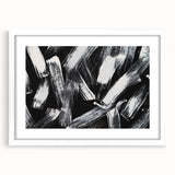 Black and white abstract wall art design featuring geometric shapes in a modern white frame, ideal for contemporary home decor.