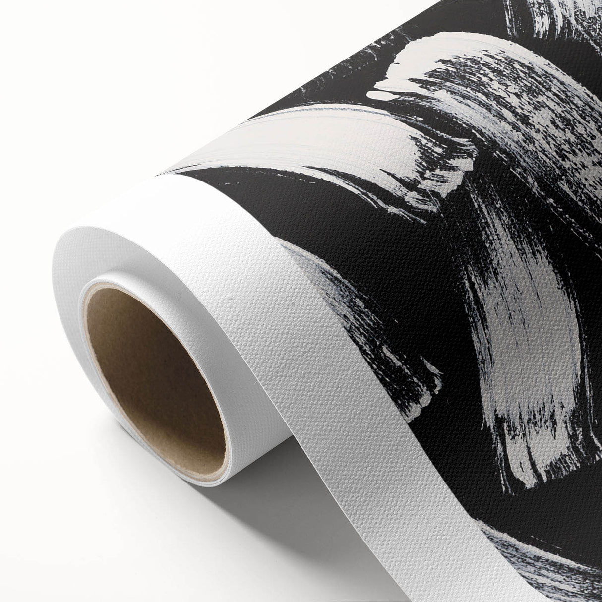 Black and white abstract design on rolled canvas art, featuring bold geometric shapes and fluid patterns, perfect for modern home decor.