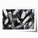 Abstract black and white wall art print showcasing dynamic geometric shapes and patterns, suitable for modern home decor and framing.