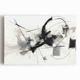 Abstract black and white wall art design on stretched canvas, showcasing geometric patterns and textures, ideal for modern home decor.