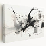 Abstract black and white wall art canvas featuring geometric shapes and lines, showcasing a modern design with a sleek side view, perfect for contemporary decor.