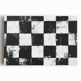 Abstract black and white stretched canvas wall art featuring geometric shapes and fluid lines, perfect for modern home decor or office spaces.