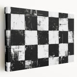 Abstract black and white stretched canvas wall art showcasing a modern design, emphasizing geometric shapes and dynamic patterns for contemporary decor.