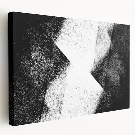 Abstract black and white stretched canvas wall art depicting a modern design with dynamic shapes and patterns, ideal for contemporary decor.