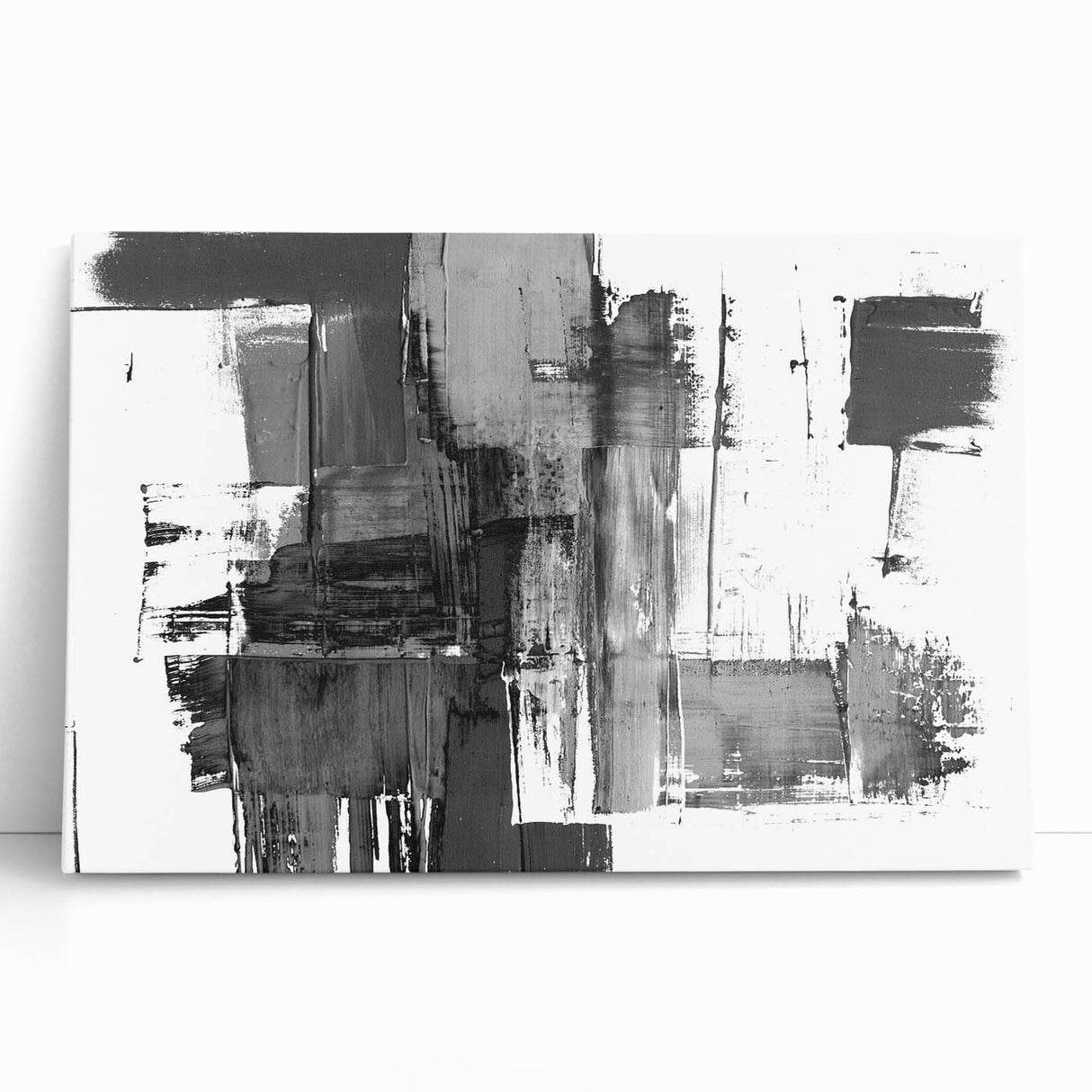 Abstract black and white wall art collection on stretched canvas, showcasing geometric shapes and fluid patterns, perfect for modern decor.