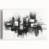 Abstract black and white stretched canvas wall art showcasing dynamic geometric patterns and textures, perfect for modern decor and artistic spaces.