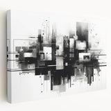 Abstract black and white stretched canvas wall art, showcasing a modern design with fluid shapes and contrasting tones, ideal for home decor.
