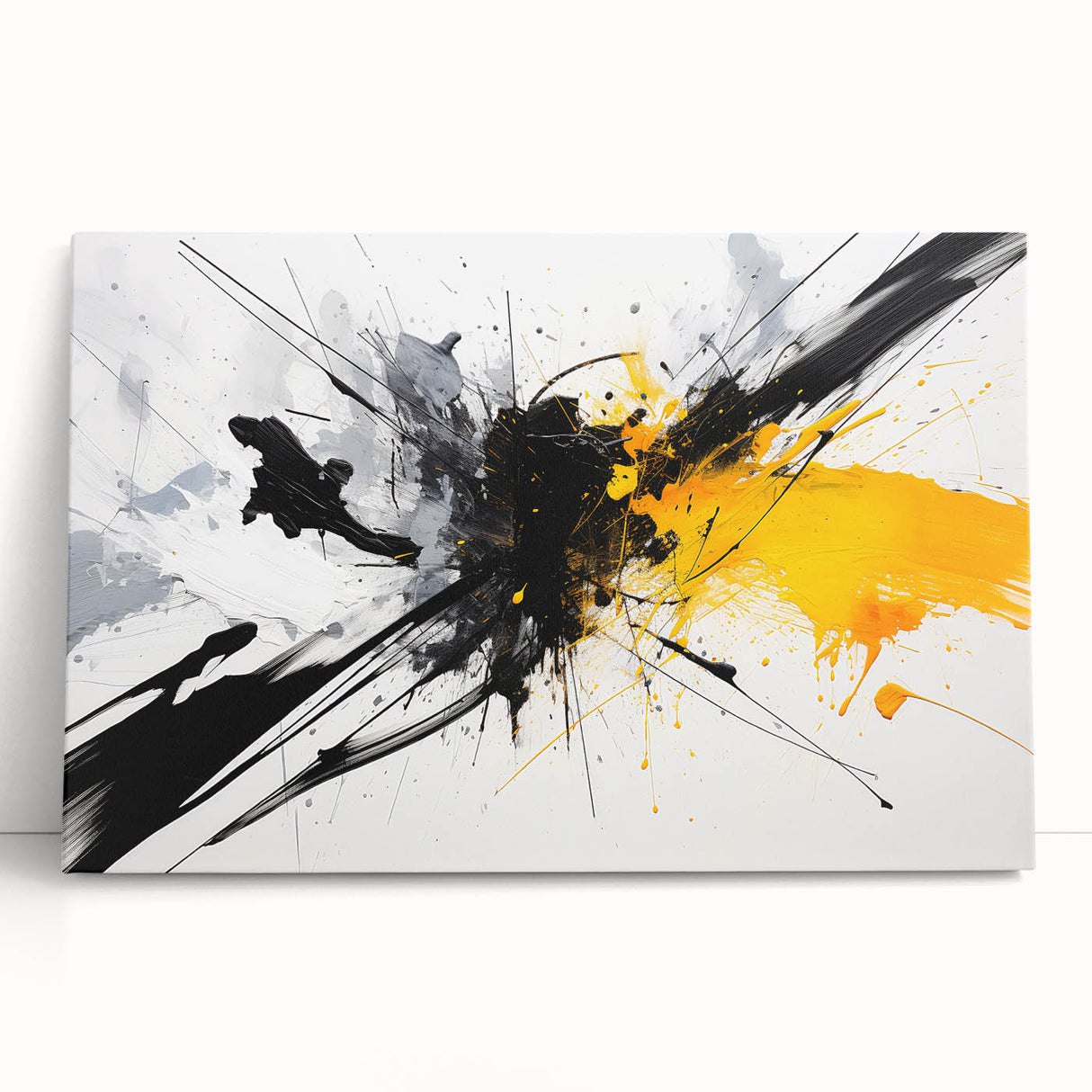 Abstract black and white wall art collection on stretched canvas, featuring bold geometric shapes and patterns, perfect for modern decor.