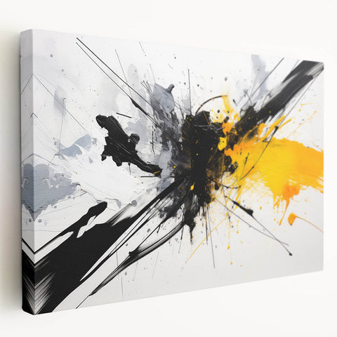 Abstract black and white wall art design on stretched canvas, showcasing dynamic shapes and patterns, ideal for modern home decor.