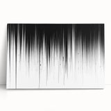 Abstract black and white wall art featuring dynamic geometric shapes on stretched canvas, perfect for modern home decor.