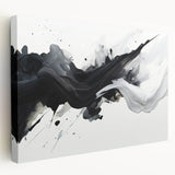 Abstract black and white stretched canvas wall art collection showcasing unique geometric designs, displayed in a stylish side view for home decor inspiration.