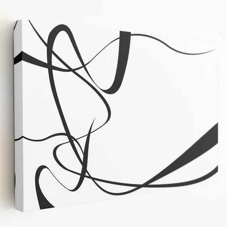 Abstract black and white wall art collection on stretched canvas, showcasing geometric patterns and fluid shapes, perfect for modern decor.