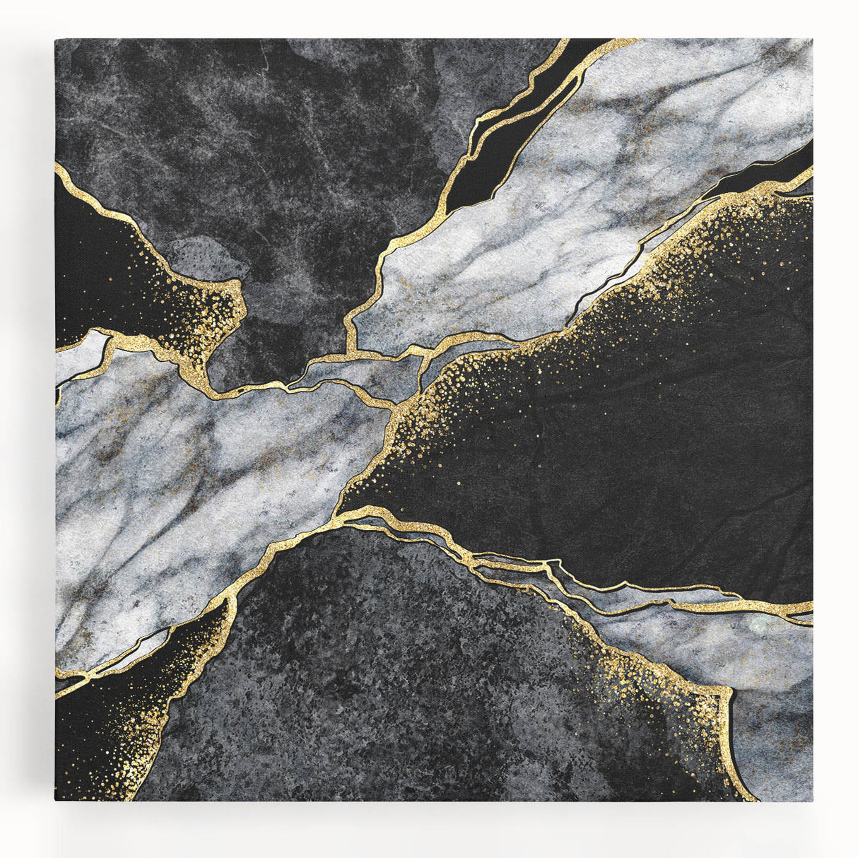 Abstract black and white wall art design printed on stretched canvas, featuring geometric shapes and flowing lines, ideal for modern decor.