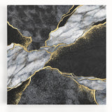 Abstract black and white wall art design printed on stretched canvas, featuring geometric shapes and flowing lines, ideal for modern decor.