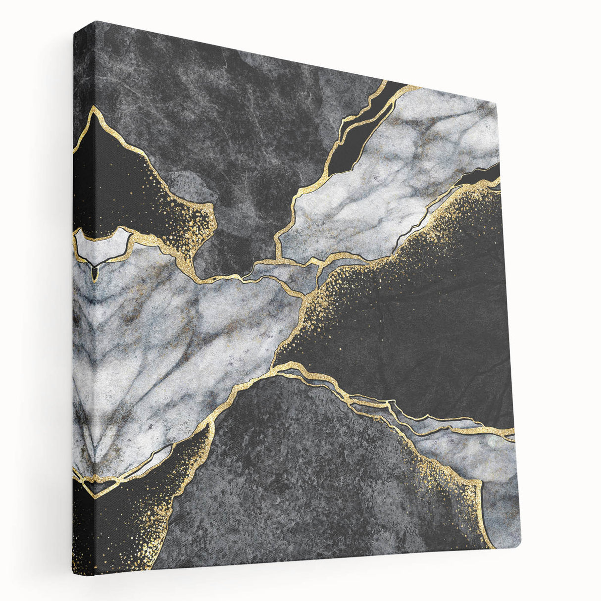Abstract black and white wall art design on stretched canvas, showcasing dynamic shapes and patterns, perfect for modern home decor.