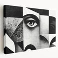 Abstract black and white stretched canvas wall art collection, showcasing geometric shapes and fluid patterns, perfect for modern decor.