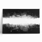 Abstract black and white wall art on stretched canvas, featuring fluid, geometric shapes and textures, perfect for modern home decor.