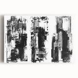 Abstract black and white wall art on stretched canvas, showcasing bold geometric shapes and fluid lines, perfect for modern decor aesthetics.