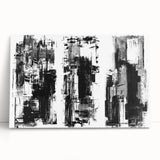 Abstract black and white wall art collection on stretched canvas, showcasing geometric patterns and textures, perfect for modern decor.