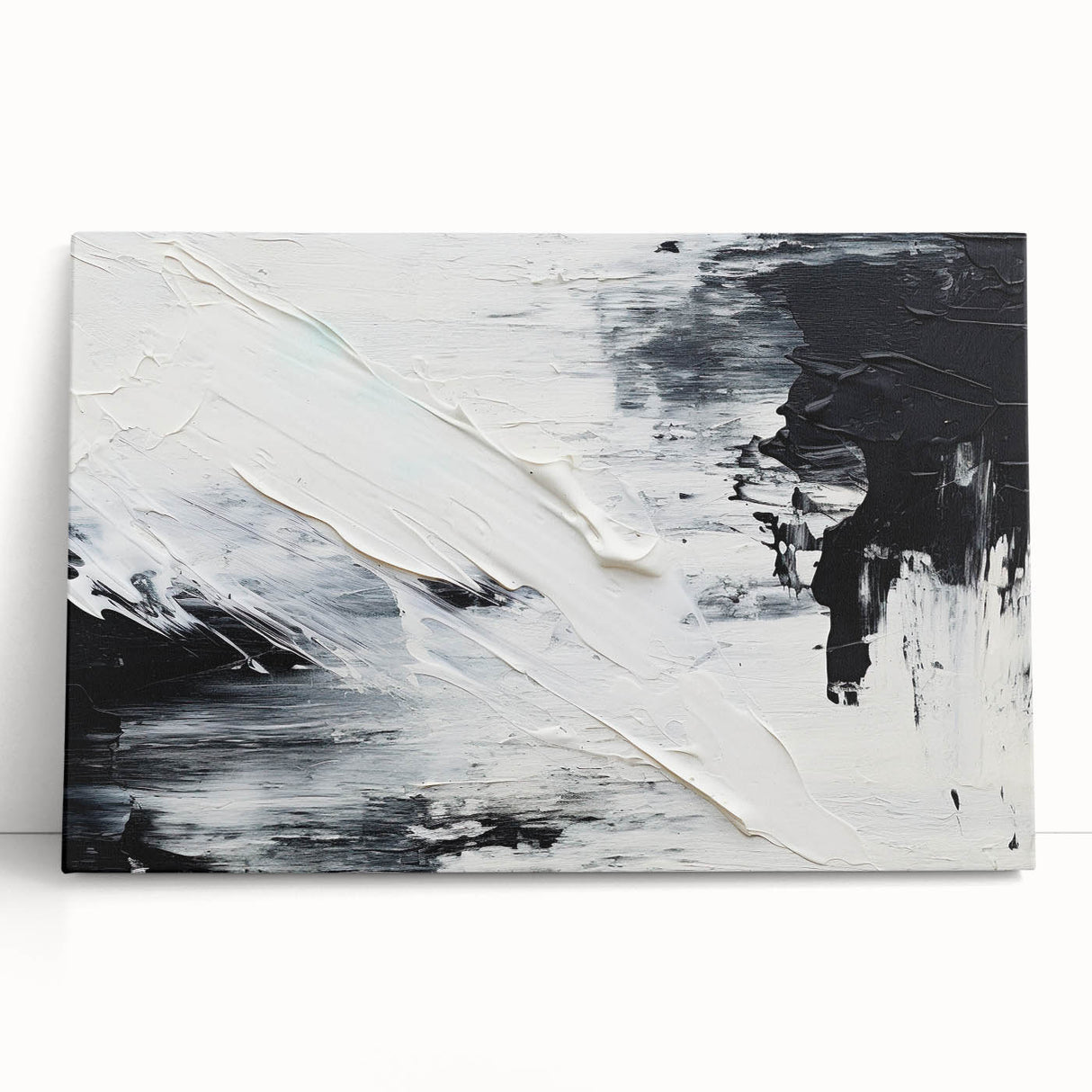 Abstract black and white wall art design on stretched canvas, showcasing dynamic geometric shapes and textures, perfect for modern decor.