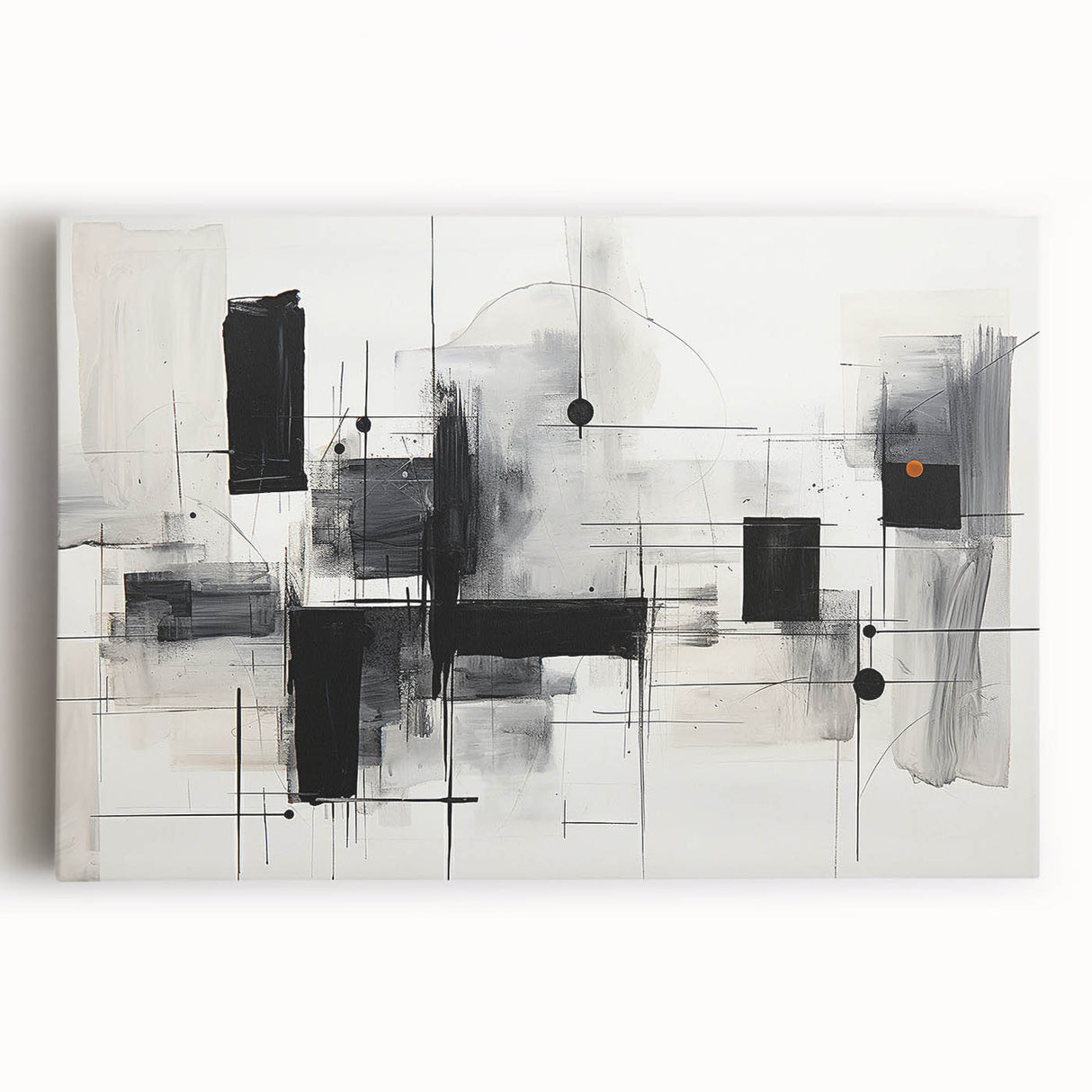 Black and white abstract wall art collection on stretched canvas, showcasing dynamic shapes and textures, ideal for modern home decor.
