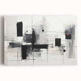 Black and white abstract wall art collection on stretched canvas, showcasing dynamic shapes and textures, ideal for modern home decor.