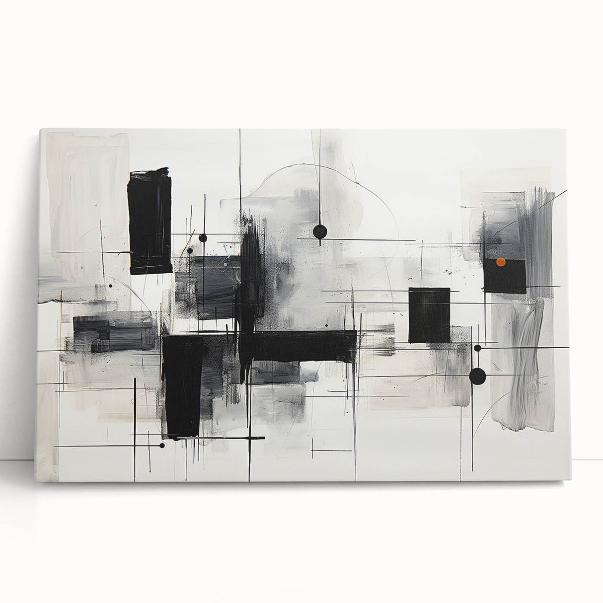 Abstract black-and-white wall art collection on stretched canvas, showcasing geometric patterns and bold designs, ideal for modern decor.