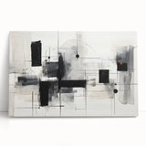 Abstract black-and-white wall art collection on stretched canvas, showcasing geometric patterns and bold designs, ideal for modern decor.