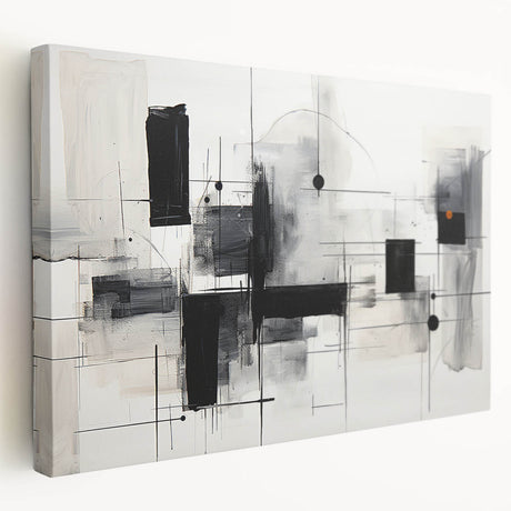 Stretched canvas featuring a black and white abstract design, showcasing intricate patterns and textures, perfect for modern home decor.
