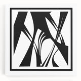Abstract black and white wall art collection displayed on stretched canvas, showcasing geometric patterns and dynamic shapes, ideal for modern decor.