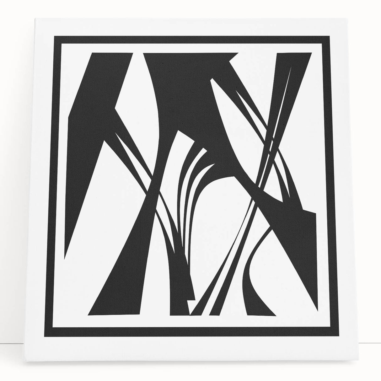 Abstract black and white wall art collection on stretched canvas, showcasing geometric shapes and dynamic patterns, perfect for modern decor.