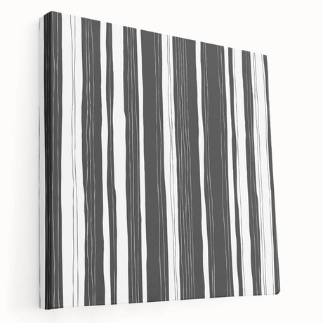 Abstract black and white wall art collection on stretched canvas, showcasing modern geometric patterns and textures in a side view perspective.
