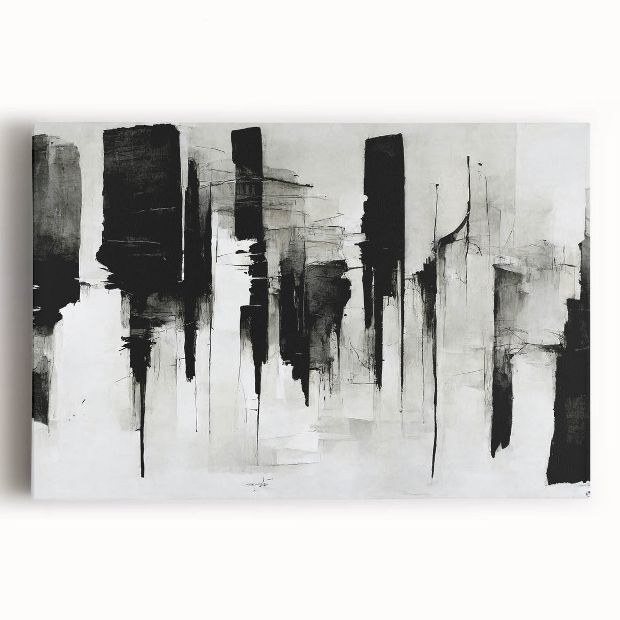 Abstract black and white wall art collection on stretched canvas, showcasing geometric designs and modern aesthetics for contemporary decor.