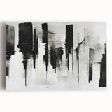 Abstract black and white wall art collection on stretched canvas, showcasing geometric designs and modern aesthetics for contemporary decor.