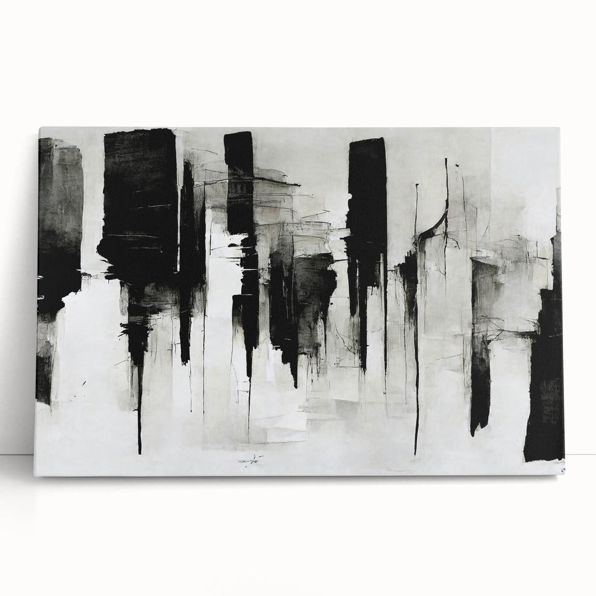 Abstract black and white wall art collection displayed on a stretched canvas, showcasing bold geometric patterns and modern design elements, perfect for contemporary decor.