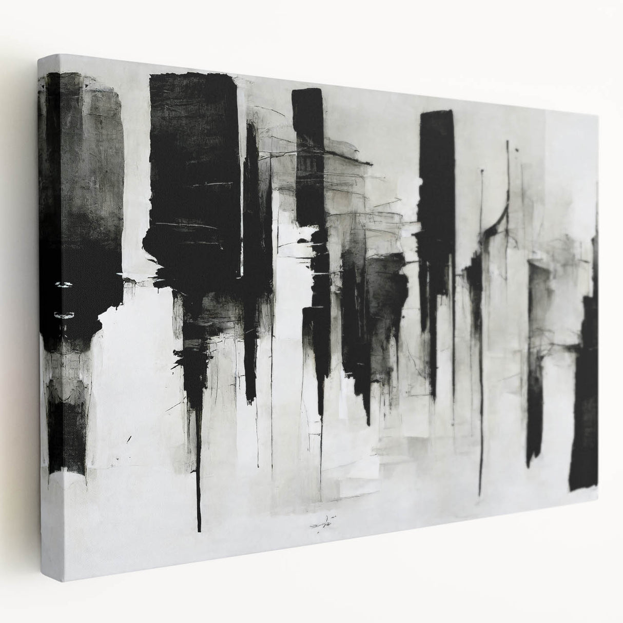 Stretched canvas artwork showcasing an abstract black-and-white design, emphasizing bold lines and geometric shapes, ideal for modern decor.