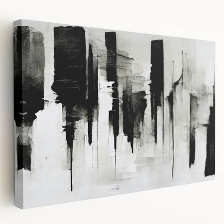 Stretched canvas artwork showcasing an abstract black-and-white design, emphasizing bold lines and geometric shapes, ideal for modern decor.