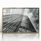 Black and white abstract mid-century modernist art on framed acrylic with gold accents, suited for modern art wall decor.